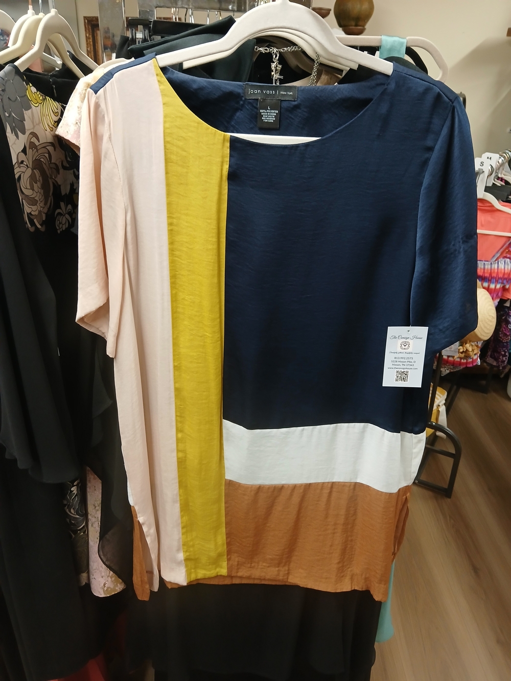 Joan Vass Colorblock Short Sleeve Tunic - Navy, Pink, Mustard, White & Tan